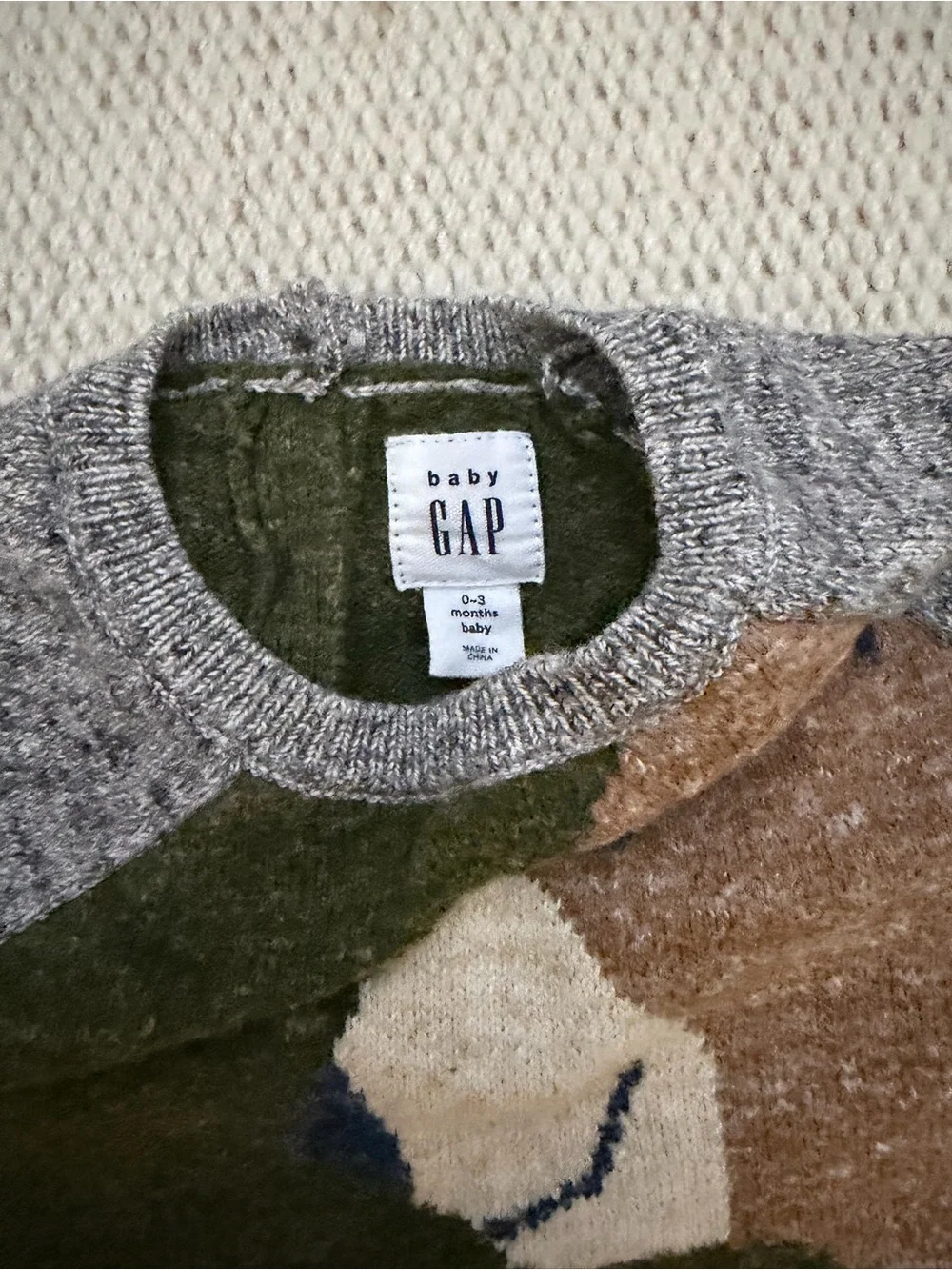 BABY GAP Olive Green & Gray Bear Knit One-Piece & Gray Onesie Sz 0-3 mos